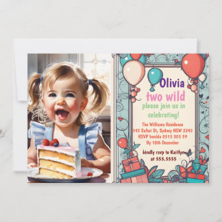 Two Wild 2nd Birthday Safari Animals Cute Photo In Invitation