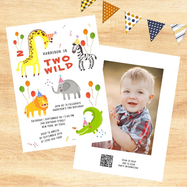 Two Wild 2nd Birthday Safari Animals Cute Photo In Invitation (Creator Uploaded)