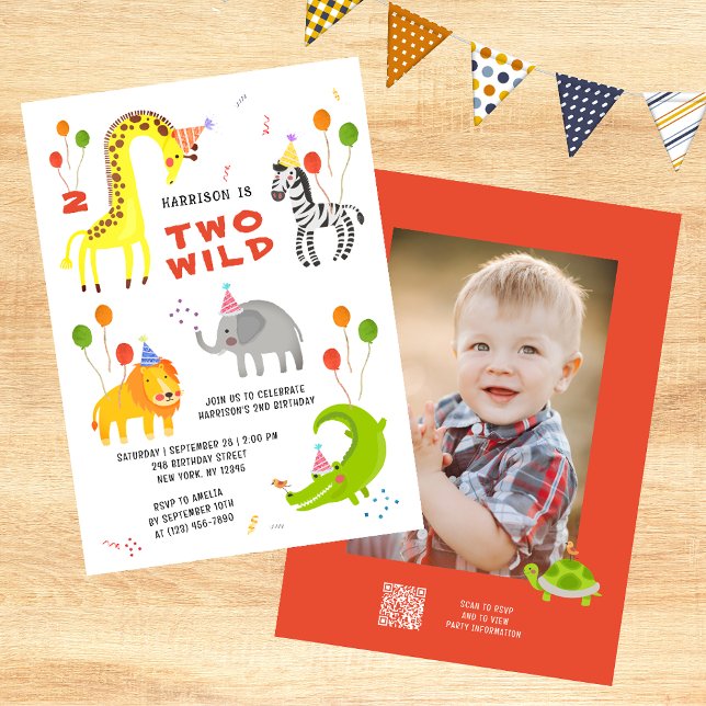 Two Wild 2nd Birthday Safari Animals Cute Photo Invitation (Creator Uploaded)