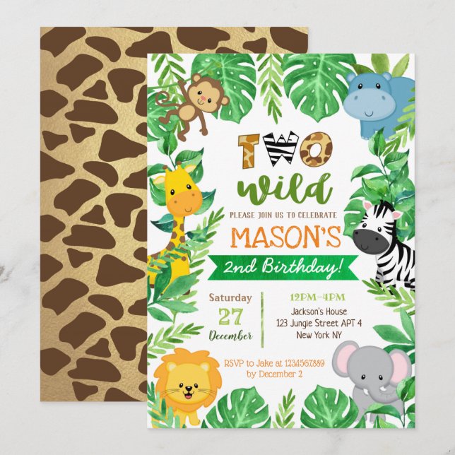 Two Wild 2nd Birthday Safari Animals Invitations (Front/Back)