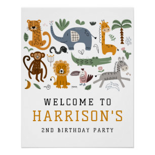 Two Wild 2nd Birthday Safari Animals Kids Welcome Poster