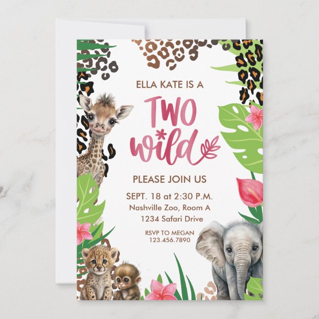 Two Wild Animal Safari Girl 2nd Birthday Party  Invitation (Front)
