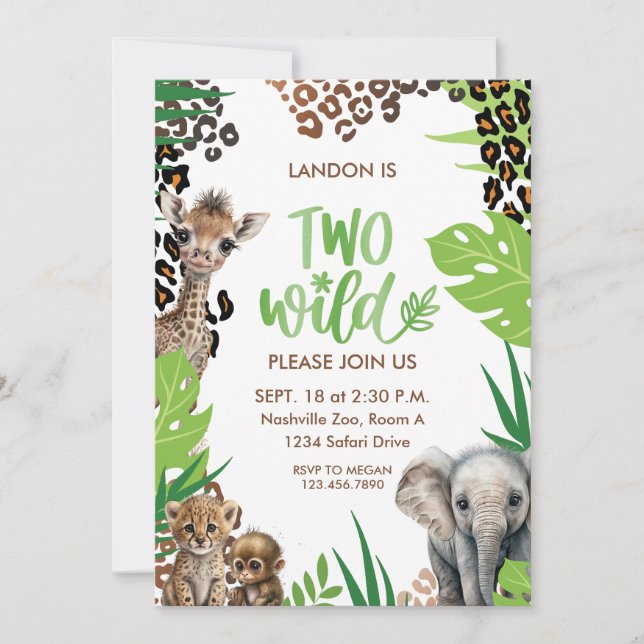 Two Wild Animal Safari Second Birthday Party Invitation (Front)