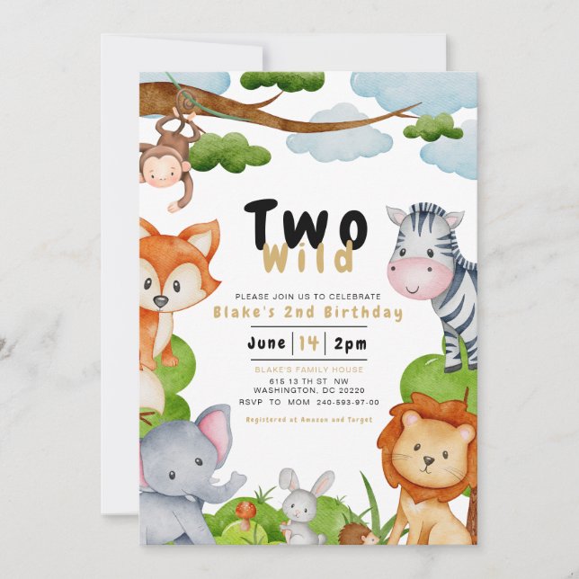 Two Wild Animals Second 2nd Birthday Invitation (Front)