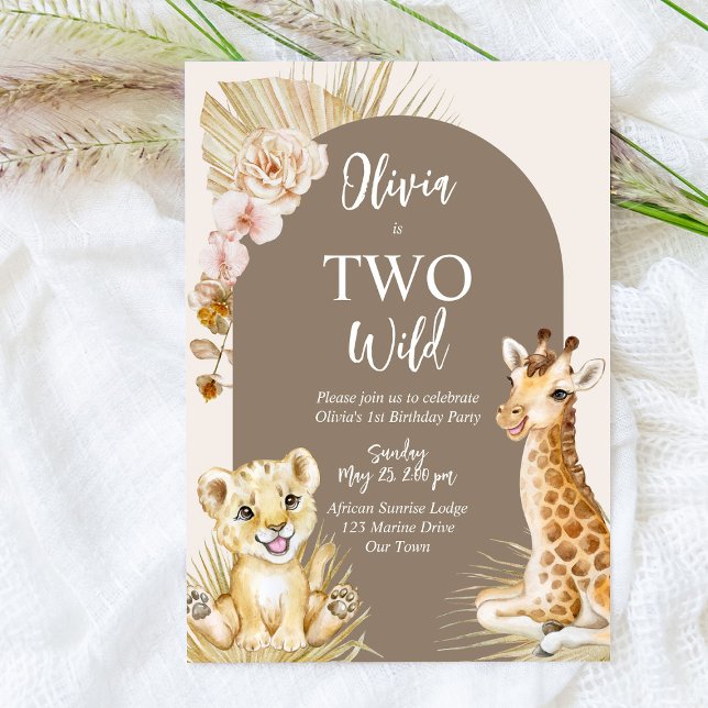 Two wild baby animals boho arch 2nd birthday invitation (Creator Uploaded)