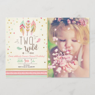 Two Wild Birthday Girl Pink Gold 2nd Boho Feathers Invitation