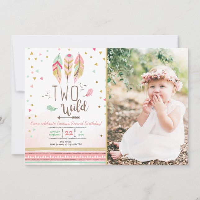 Two Wild Birthday Girl Pink Gold 2nd Boho Feathers Invitation (Front)