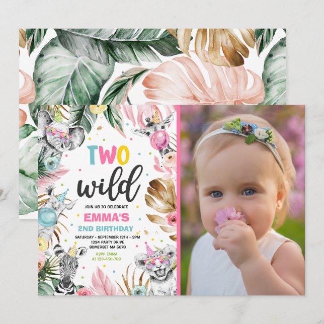 Two Wild Birthday Gold Safari Jungle Animals Party Invitation (Front/Back)