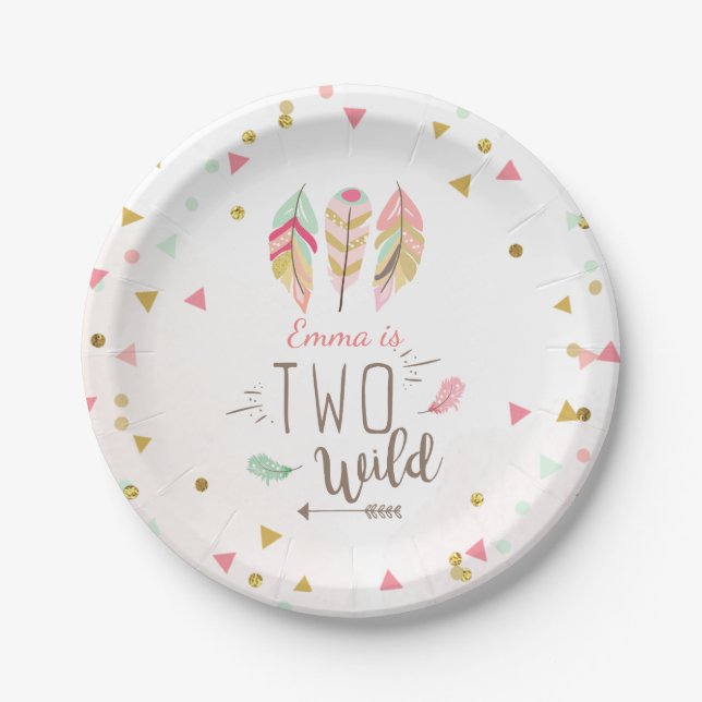 Two Wild Birthday Mint Pink Gold 2nd Girl Tribal Paper Plate (Front)