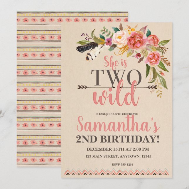 Two Wild Boho Chic Birthday Invitation (Front/Back)