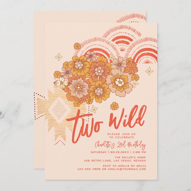 Two Wild Boho Floral Groovy 2nd Birthday Party Invitation (Front/Back)