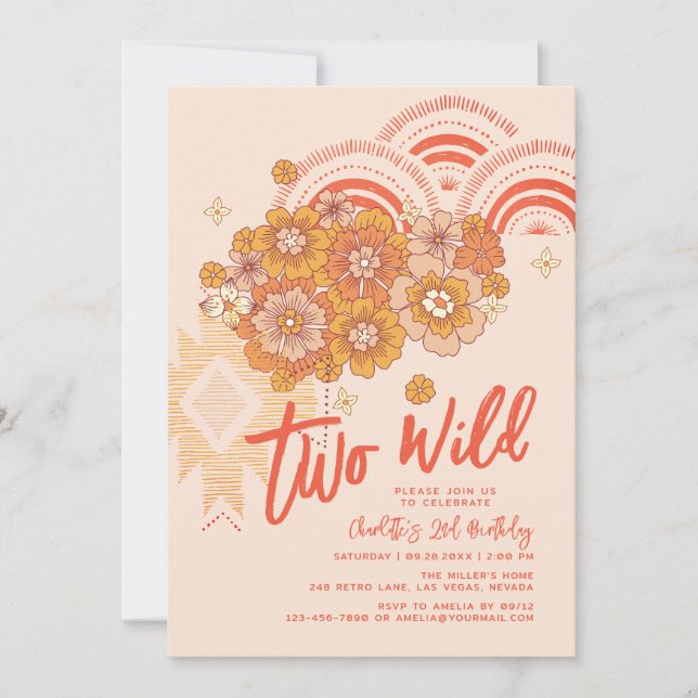 Two Wild Boho Floral Groovy 2nd Birthday Party Invitation (Front)