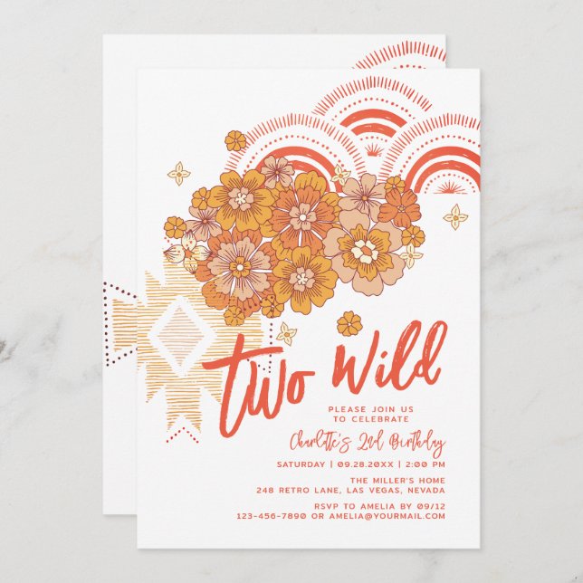 Two Wild Boho Floral Groovy 2nd Birthday Party Invitation (Front/Back)