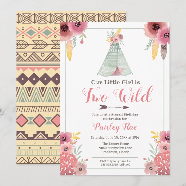 Two Wild Boho Girls Second Birthday Invitation (Front/Back)