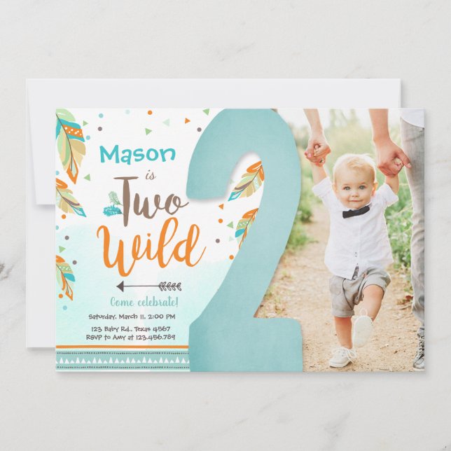 Two Wild Boho Tribal Feathers Boy Second Birthday Invitation (Front)