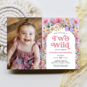 Two Wild Butterfly Wildflower 2nd Birthday Photo Invitation