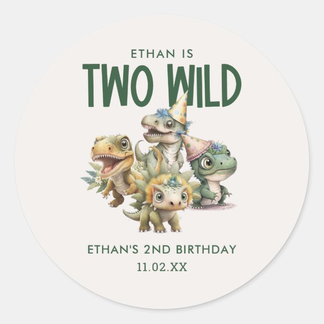 Two Wild Cute Dinosaur 2nd Birthday Party Favour Classic Round Sticker (Front)