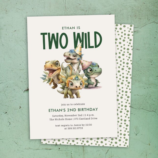 Two Wild Cute Dinosaur 2nd Birthday Party Invitation (Creator Uploaded)
