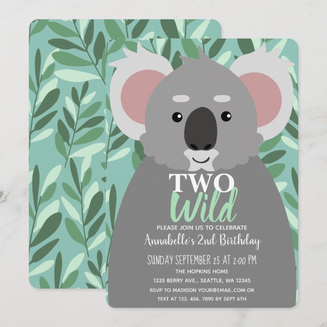 Two Wild Cute Koala Kids Second Birthday  Invitation (Front/Back)