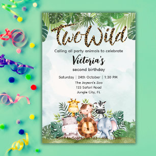 Two Wild Cute Safari Animals Girls 2nd Birthday  Invitation