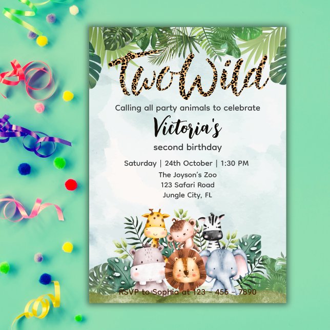Two Wild Cute Safari Animals Girls 2nd Birthday  Invitation (Creator Uploaded)