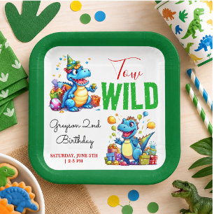 Two Wild Dino Party Boy Dinosaur 2nd Birthday Paper Plate