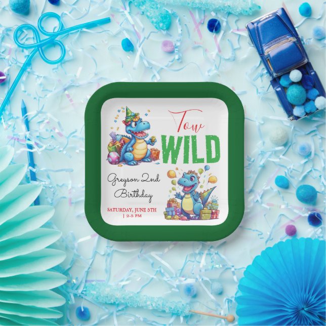 Two Wild Dino Party Boy Dinosaur 2nd Birthday  Paper Plate (Party)
