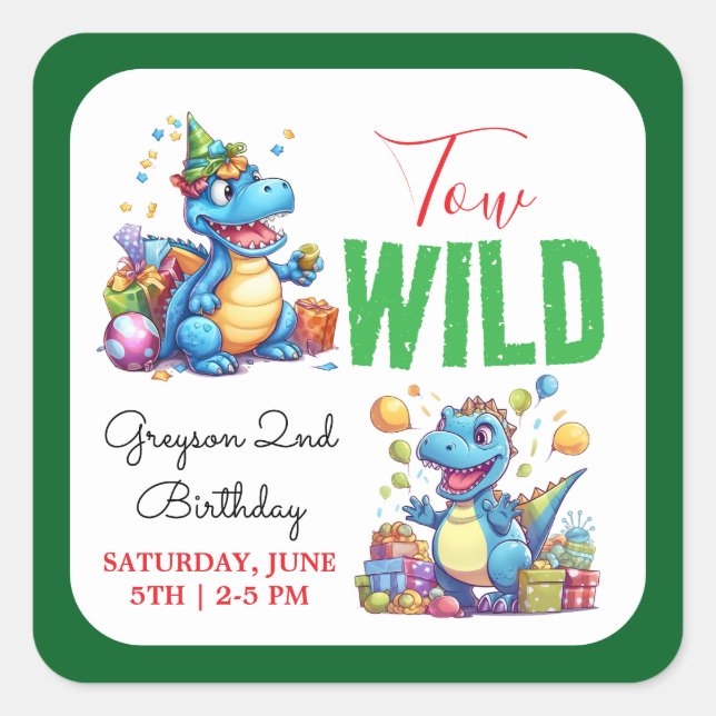 Two Wild Dino Party Boy Dinosaur 2nd Birthday  Square Sticker (Front)
