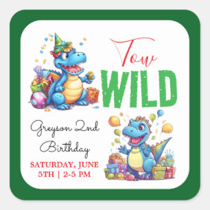 Two Wild Dino Party Boy Dinosaur 2nd Birthday  Square Sticker