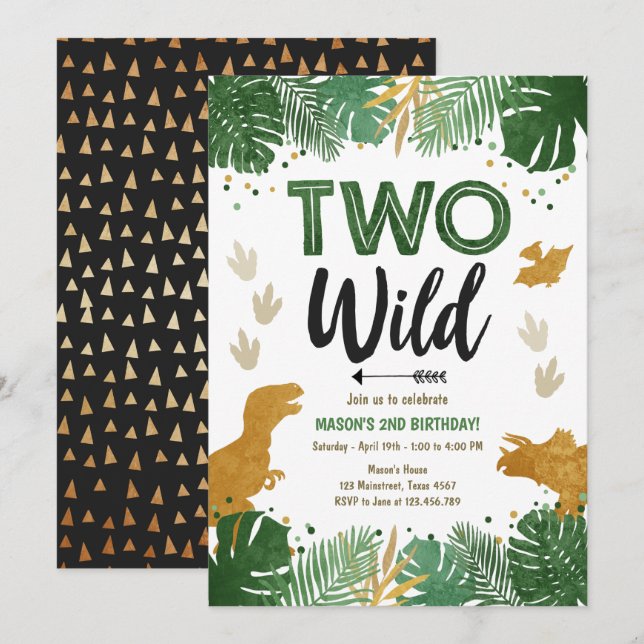 Two Wild Dino Party Boy Gold Dinosaur 2nd Birthday Invitation (Front/Back)
