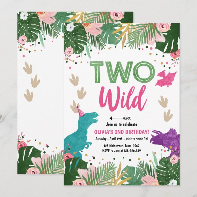 Two Wild Dino Party Girl Pink Dinosaur Birthday Invitation (Front/Back)
