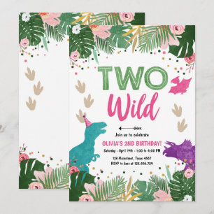 Two Wild Dino Party Girl Pink Dinosaur Birthday Invitation