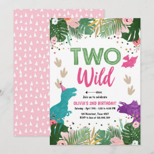 Two Wild Dino Party Girl Pink Dinosaur Birthday Invitation