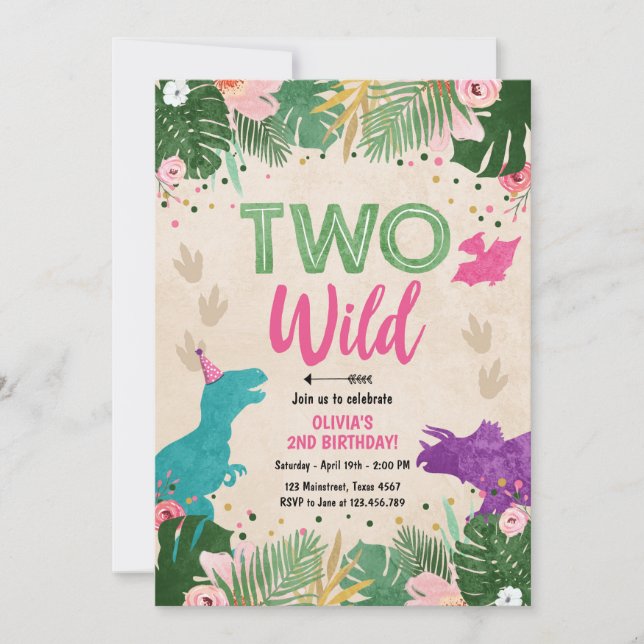 Two Wild Dino Party Girl Pink Dinosaur Birthday Invitation (Front)