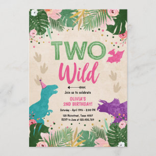 Two Wild Dino Party Girl Pink Dinosaur Birthday Invitation
