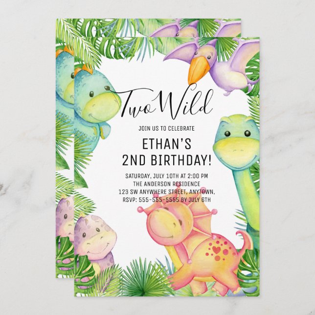 Two Wild Dinosaur 2nd Birthday Party Invitation (Front/Back)