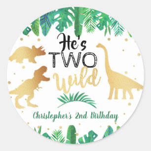 Two Wild Dinosaur Boys 2nd Birthday Party Favour Classic Round Sticker
