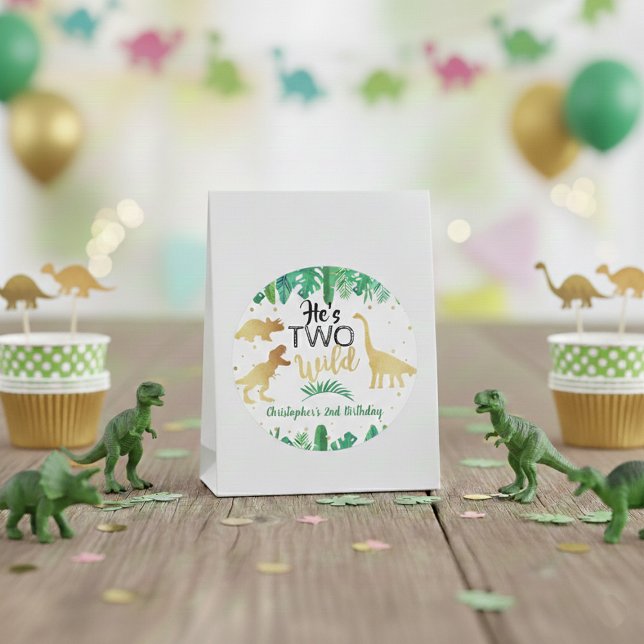 Two Wild Dinosaur Boys 2nd Birthday Party Favour Classic Round Sticker (Creator Uploaded)