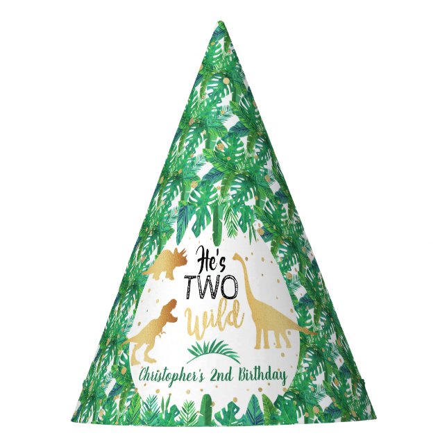 Two Wild Dinosaur Boys 2nd Birthday Party Hat (Front)