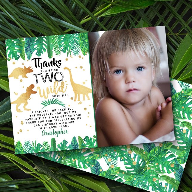 Two Wild Dinosaur Boys Second Birthday Photo Thank You Card (Creator Uploaded)
