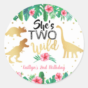 Two Wild Dinosaur Girls 2nd Birthday Party Favour Classic Round Sticker