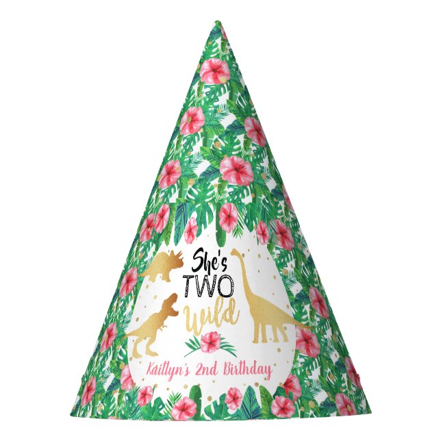 Two Wild Dinosaur Girls 2nd Birthday Party Hat (Front)