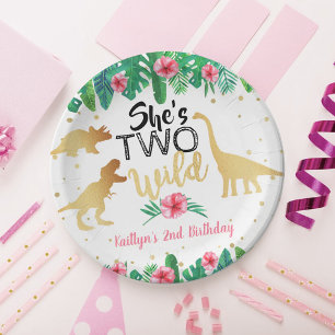 Two Wild Dinosaur Girls 2nd Birthday Party Paper Plate