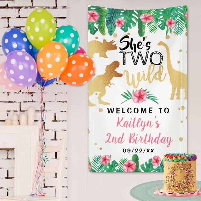 Two Wild Dinosaur Girls 2nd Birthday Party Welcome Banner (Creator Uploaded)