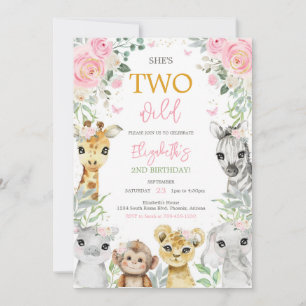 Two Wild Floral Safari Animals Girl Birthday Invitation