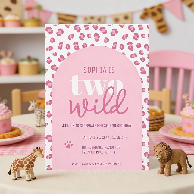 Two Wild Girl Second Birthday Invitation (Front of invitation is shown in 5 x 7 inches, choose size, paper, and corner style)