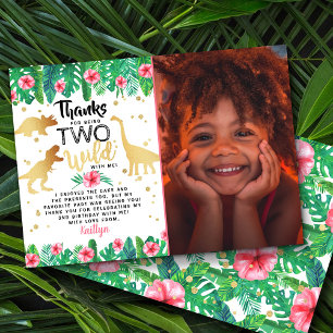 Two Wild Girls Dinosaur Second Birthday Photo Thank You Card