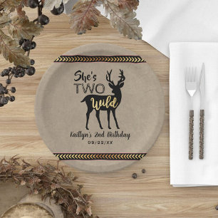 Two Wild Girls Woodland Deer 2nd Birthday Paper Plate