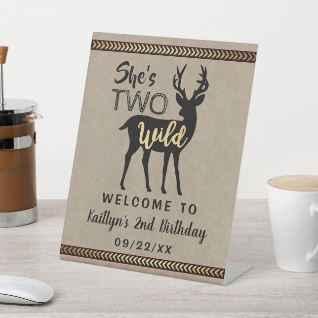 Two Wild Girls Woodland Deer 2nd Birthday Welcome Pedestal Sign (In SItu)