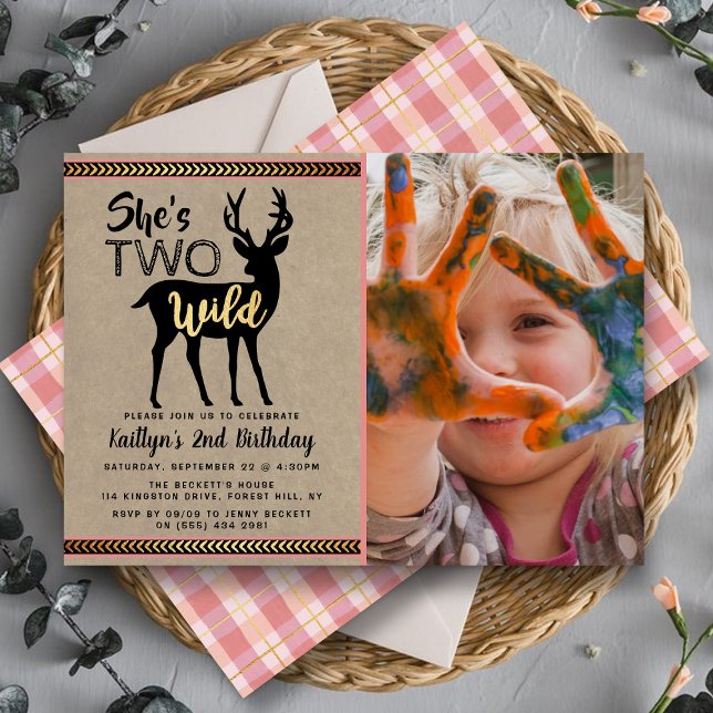 Two Wild Girls Woodland Deer Photo 2nd Birthday Invitation (Creator Uploaded)